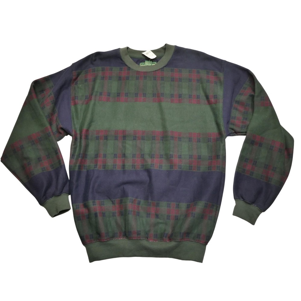 Vintage Clubfellow Sweatshirt Mens Small Green Plaid Fleece Pullover 90s